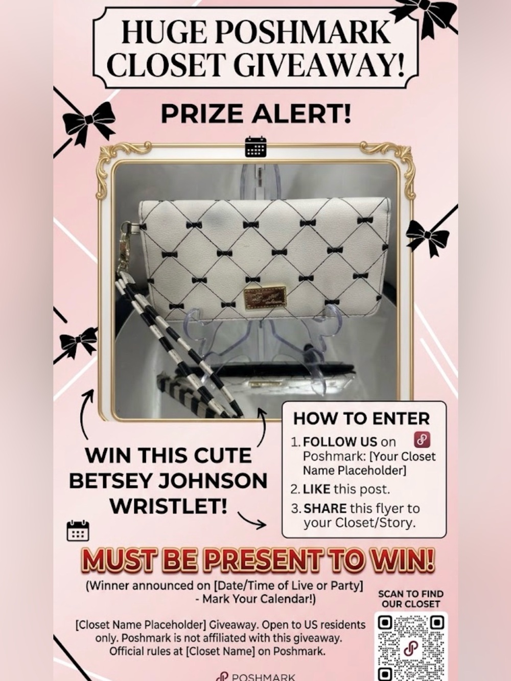 Betsey Johnson White Quilted Wristlet with Black Bow Grid giveaway gift